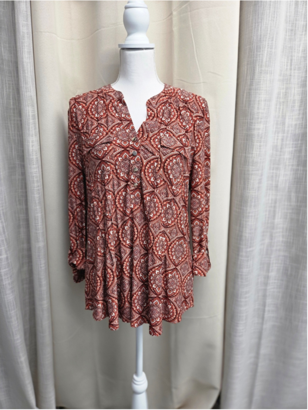 Ava & Grace Rust Paisley Button Front Tunic Boho Cottagecore Festival Size L